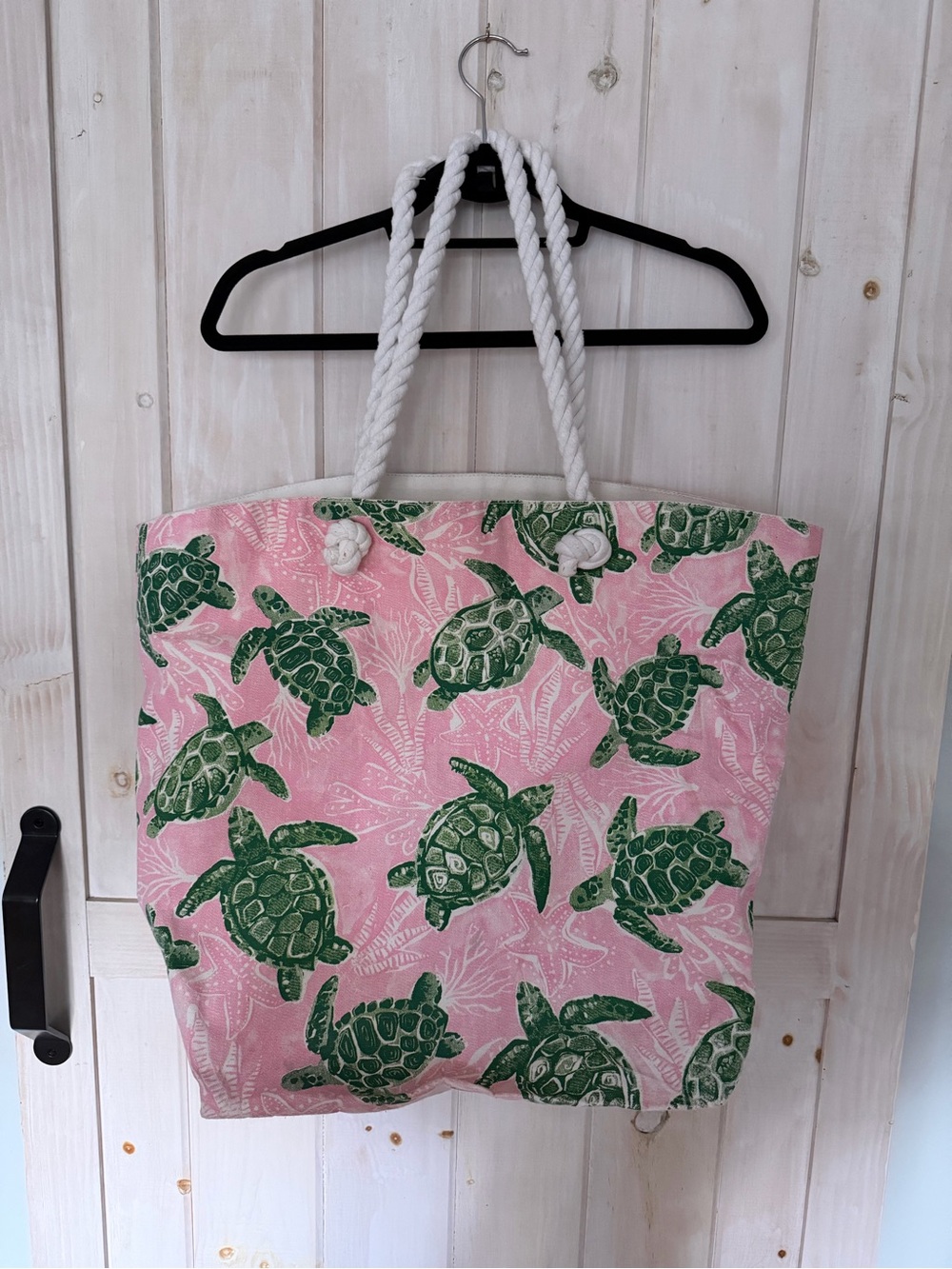 Pink Canvas Tote with Green Sea Turtle Print and Rope Handles